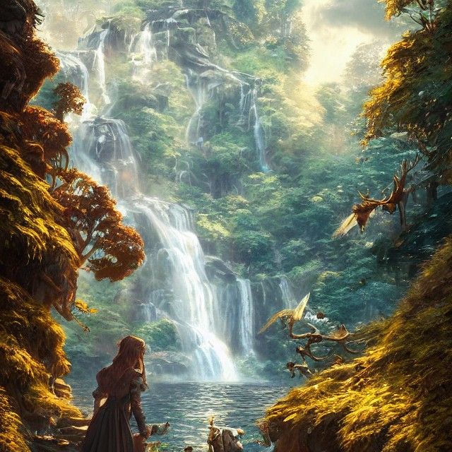 Shimmering Waterfall in Ancient Forest Illustration