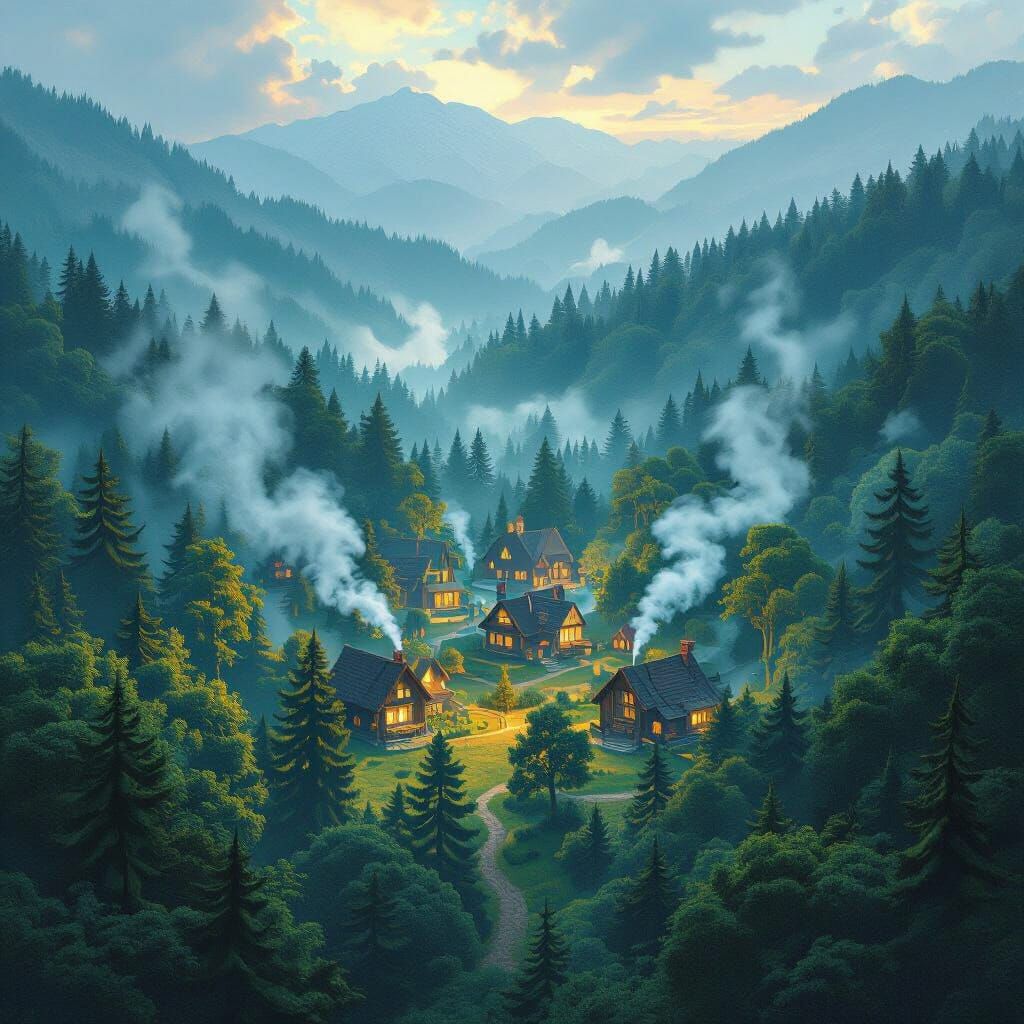 Lush Forest Aerial View in Detailed Matte Painting Style