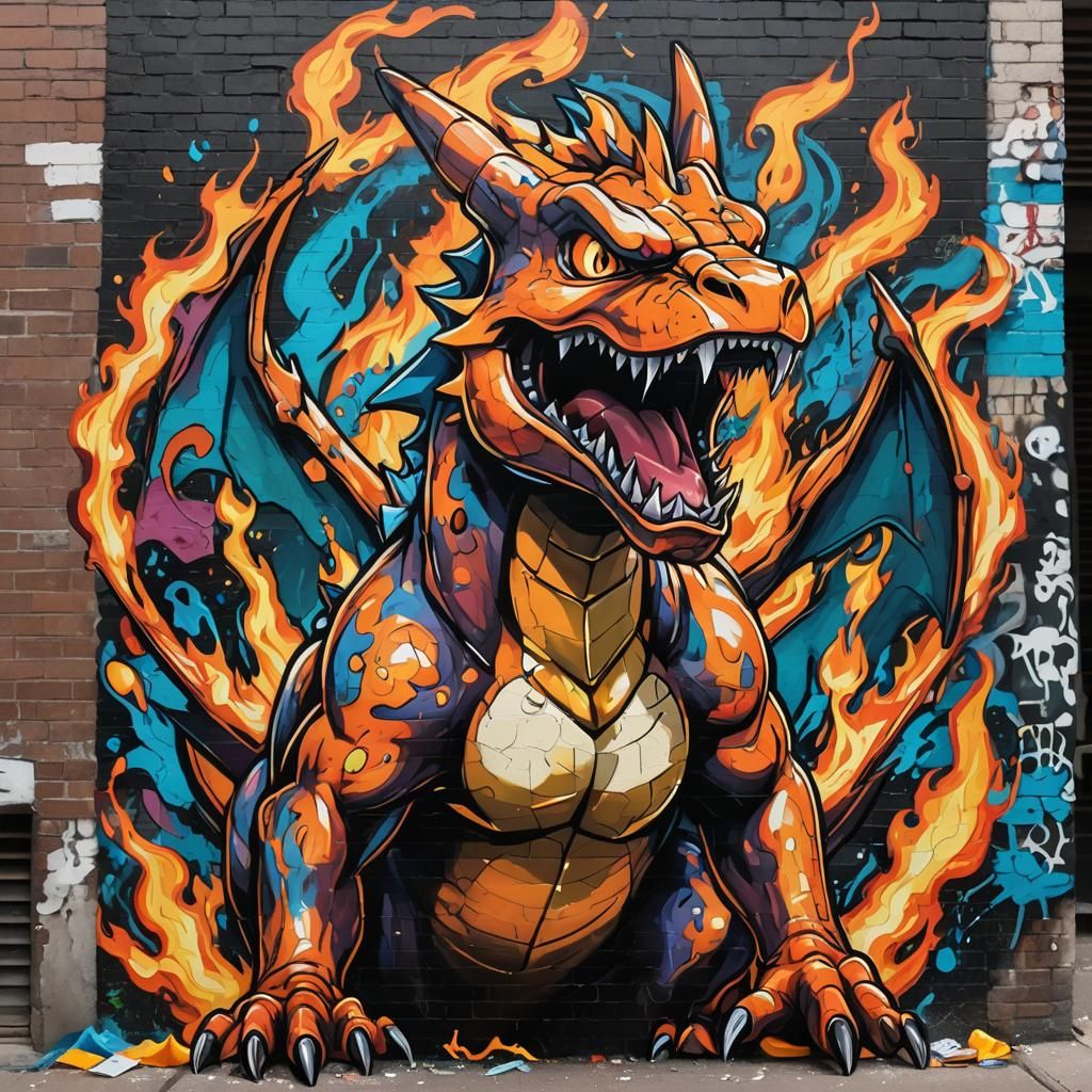 Charizard Roaring in City Alleyway Street Art