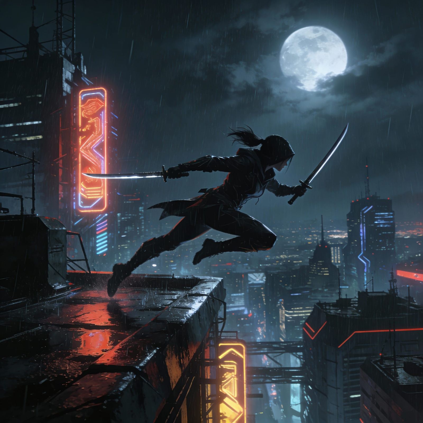 Assassin Leaps Across Neon Rooftop in Futuristic City