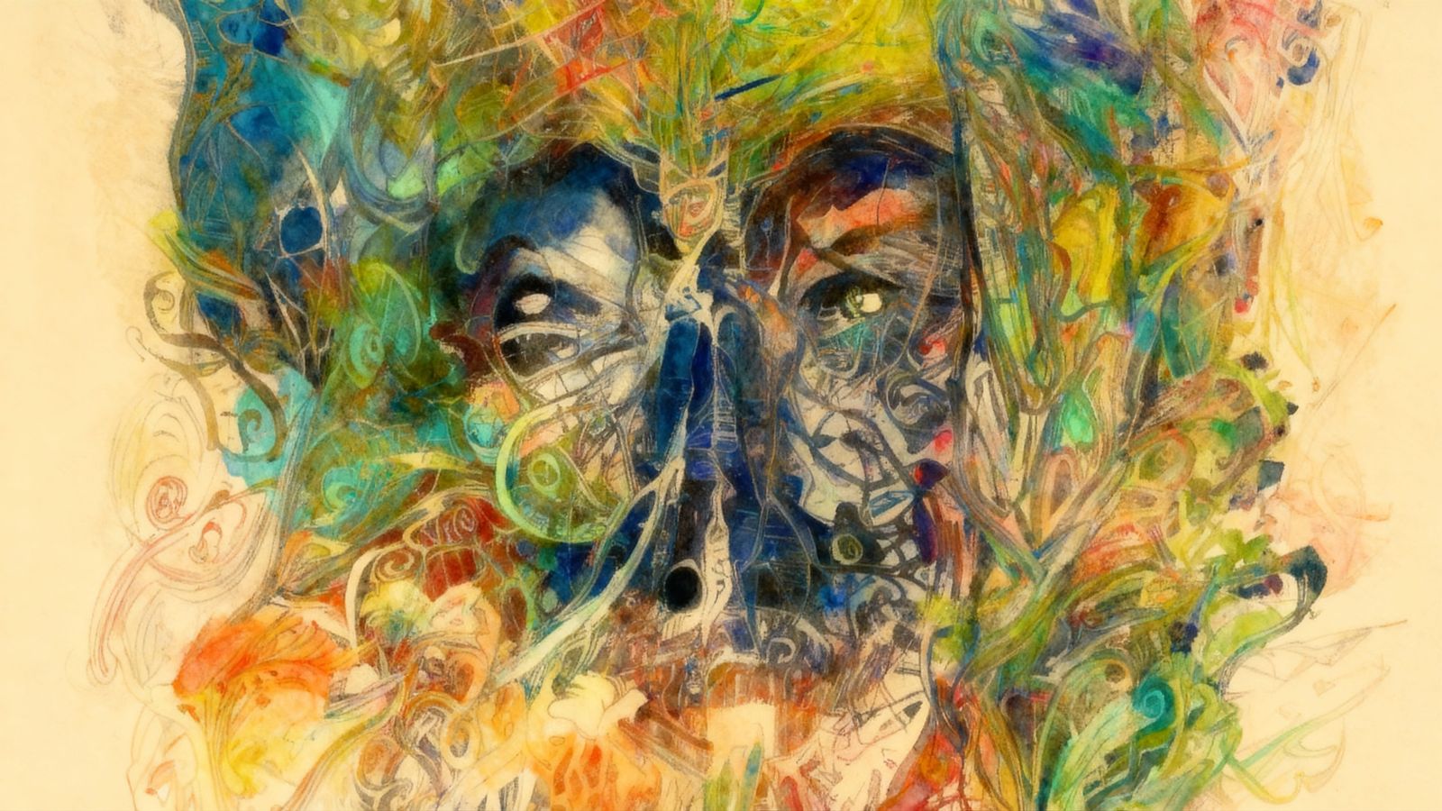 Coupled Figures in Iridescent Ink Drawing