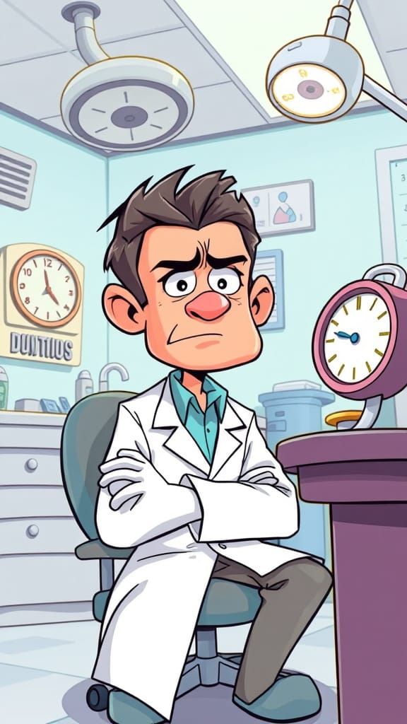 Frustrated Dentist Cartoon in Clinic Waiting for Patients