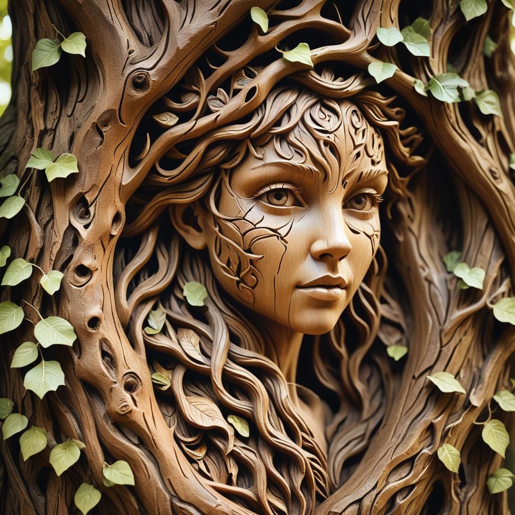 Woodland Dryad Carving: Fantasy Realism Portrait