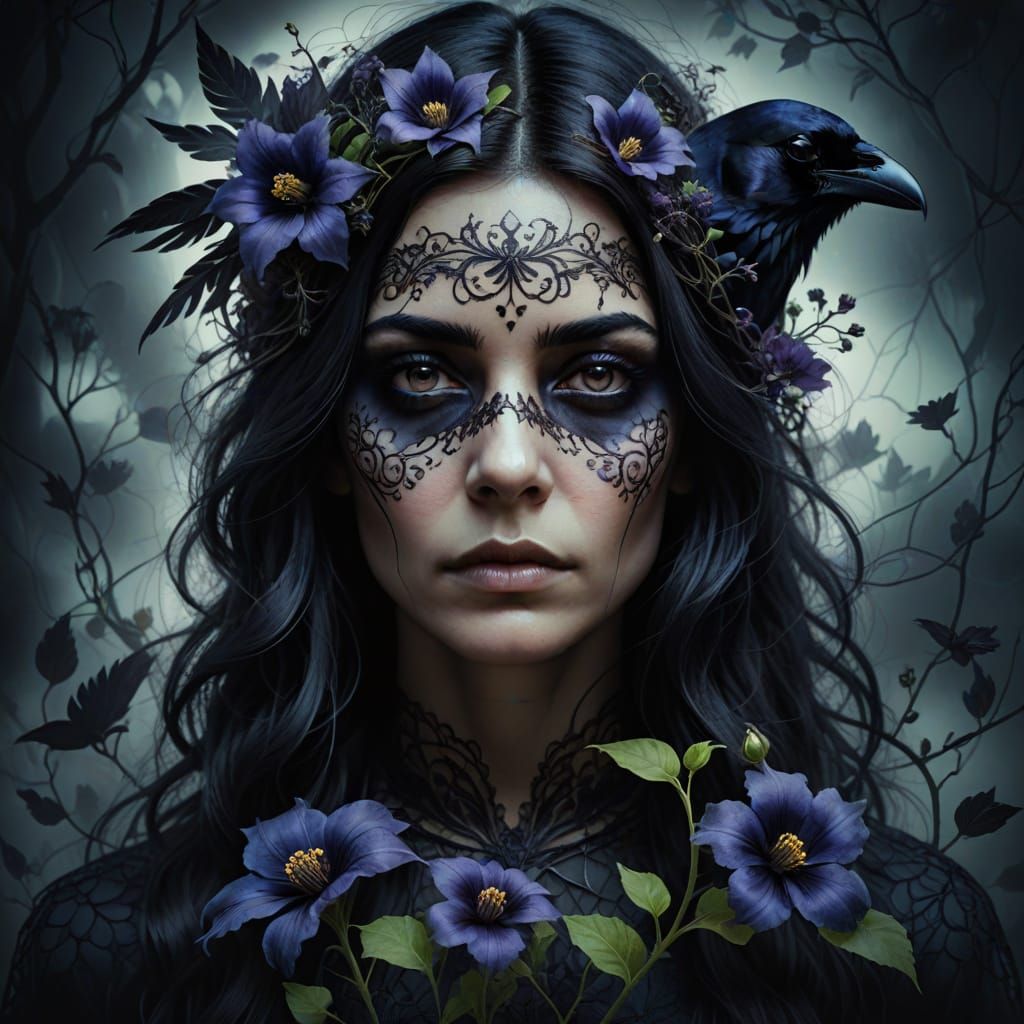 Mysterious Woman with Nightshade Flower in Double Exposure