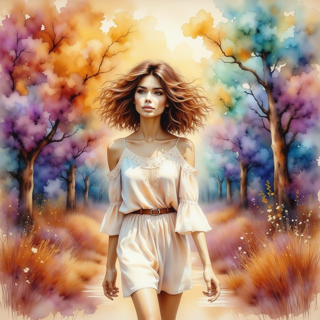 Surreal Watercolor Portrait of a College Girl in a Vibrant D...