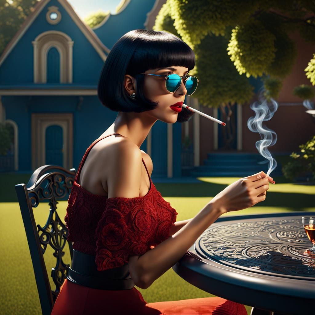 Young Woman Smoking: Detailed Matte Painting