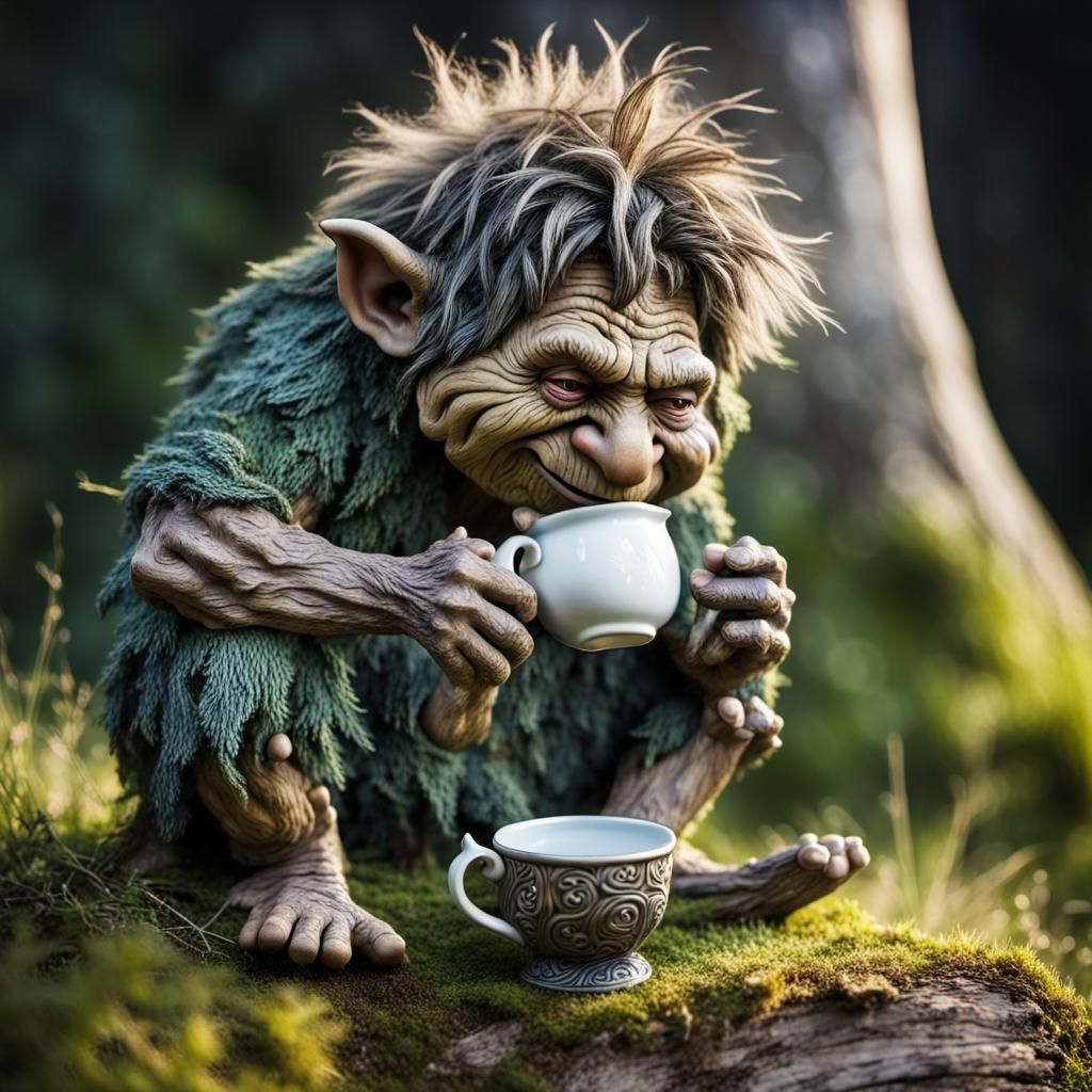 Kind Shaggy Troll Drinking Tea on Grassy Hill