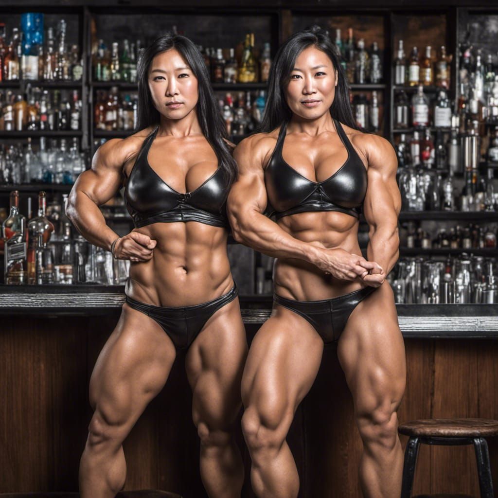 Muscular Asian Bodybuilders Posing at a Bar