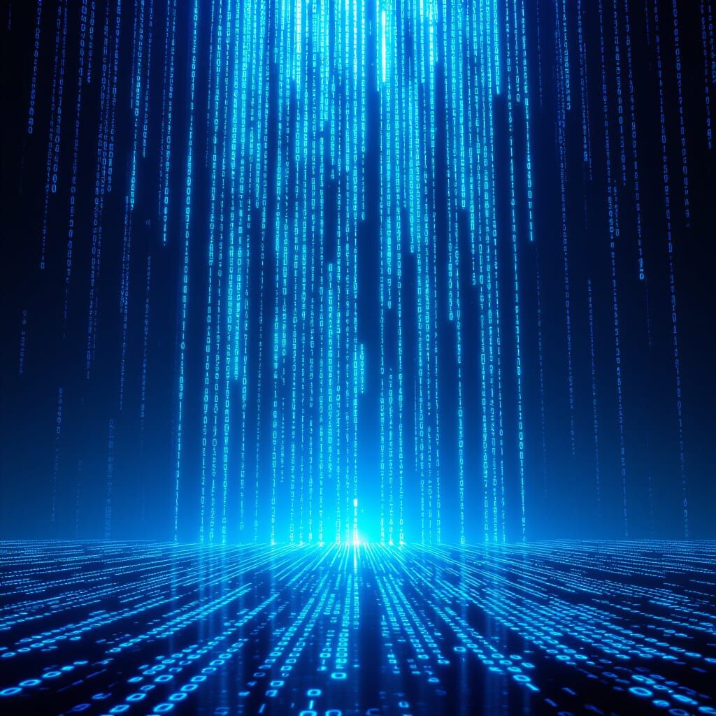 Binary Code Waterfall Sculpture in Digital Void