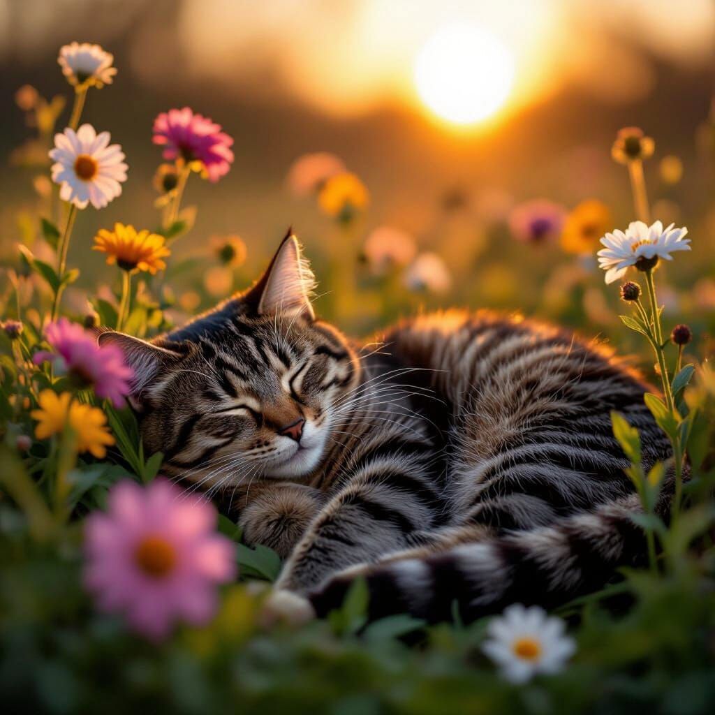 Tabby Cat Napping Among Spring Flowers at Sunset