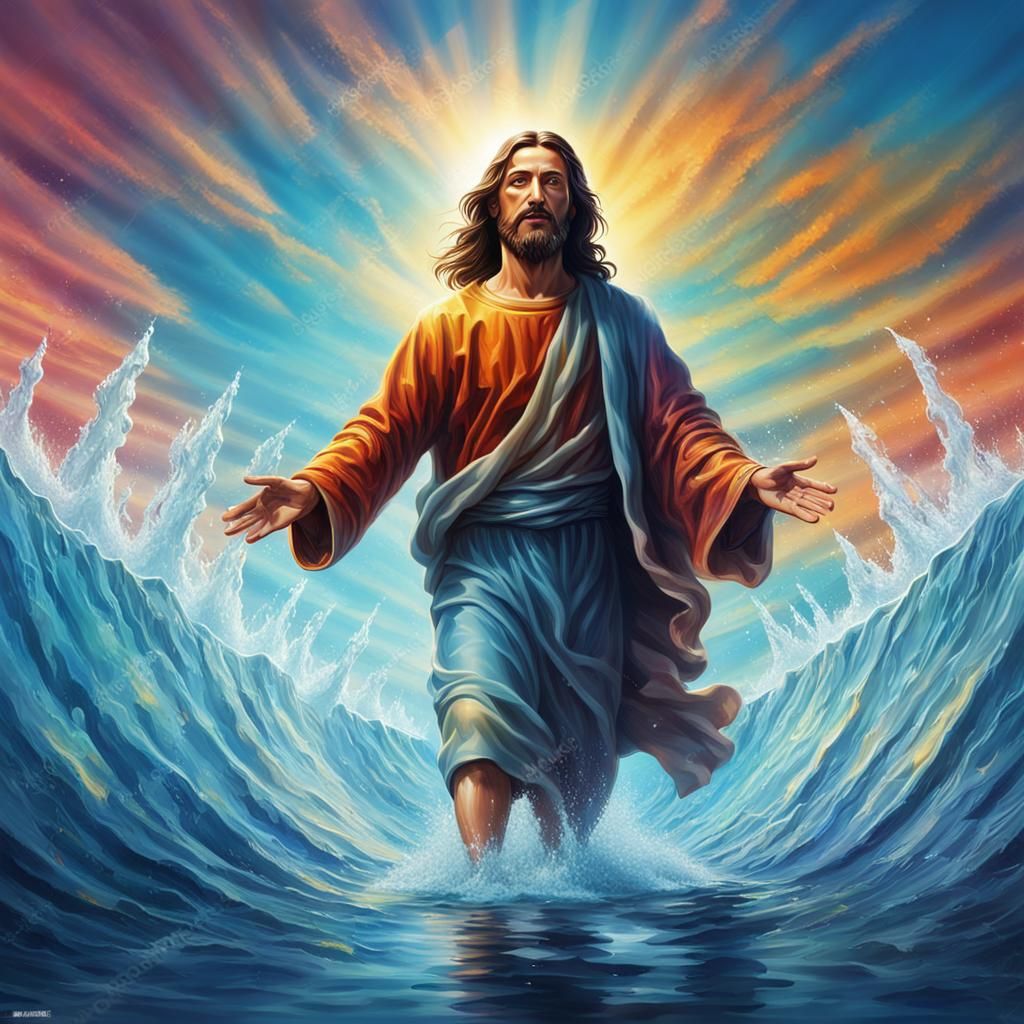 Jesus Christ Walks on Crystal Sea: Hyperrealistic Art