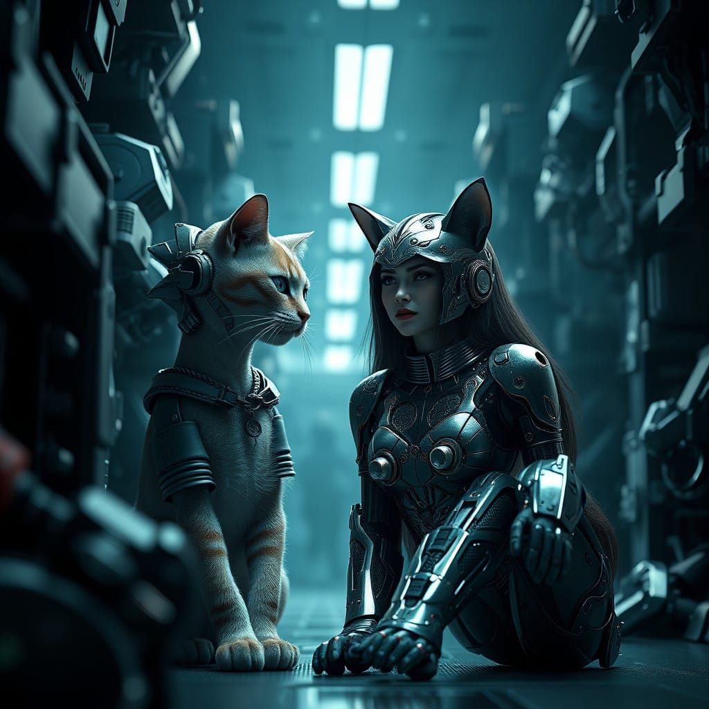 Cyberpunk Cat and Cat Woman in Epic Futuristic School Settin...