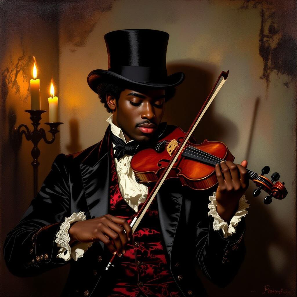 Young Black Man in Victorian Attire Plays Violin
