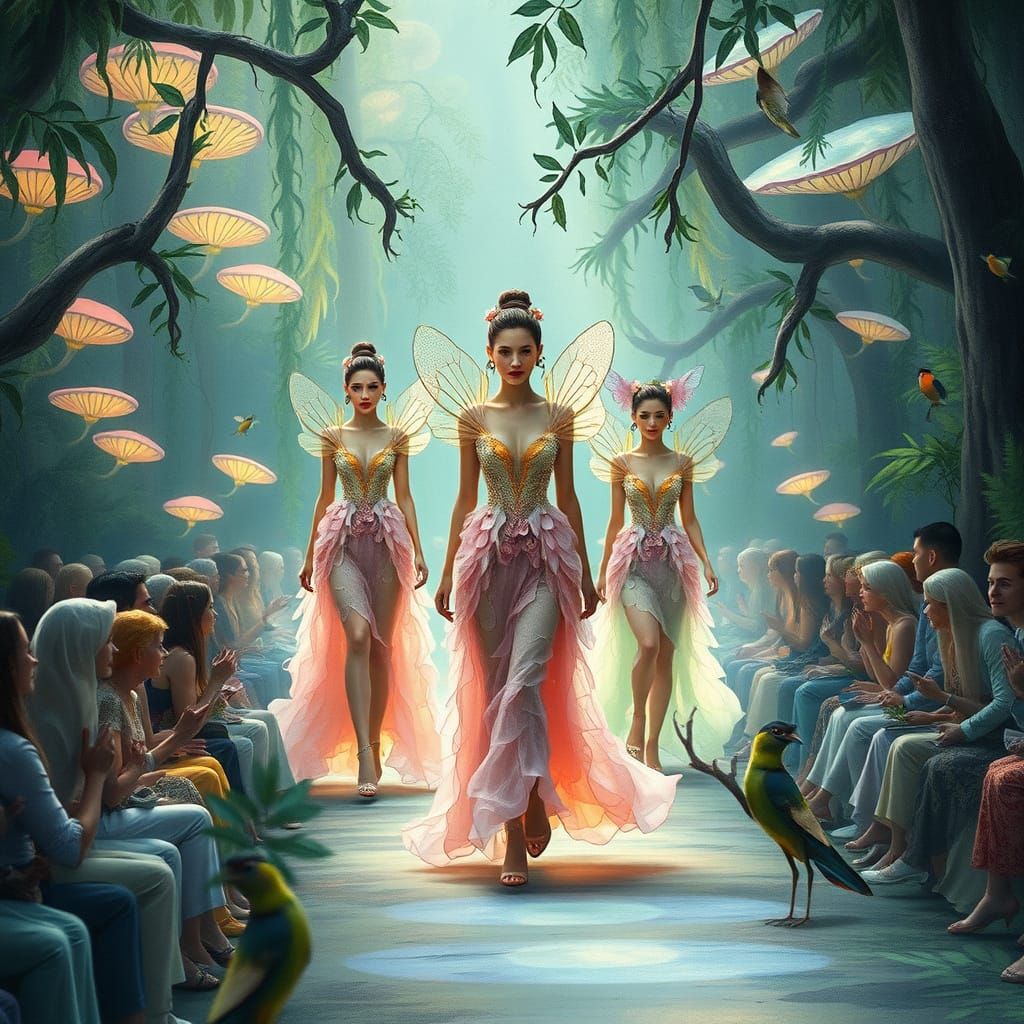 Whimsical Eco-Couture Fashion Show in a Bioluminescent Rainf...