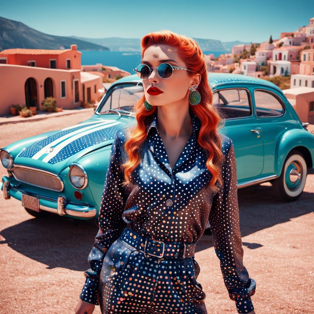 Surreal Polka Dot Dreamscape with Woman and Vintage Car