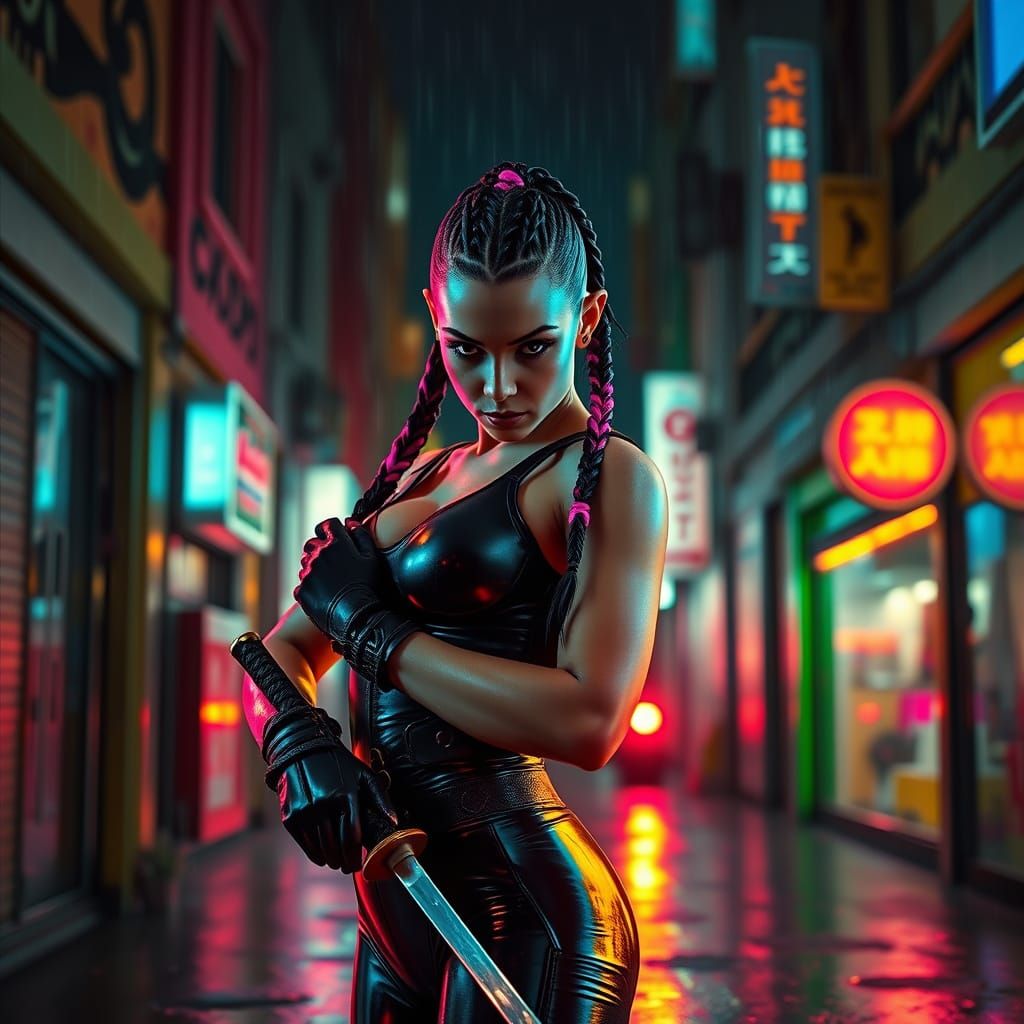 Cyberpunk Woman in Neon Alleyway with Katana