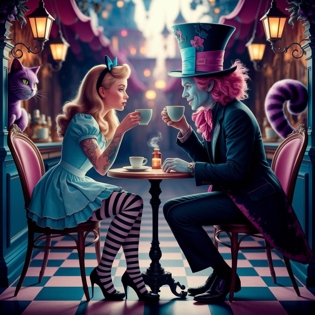 Pinup Alice Meets Hipster Hatter in Surreal Café