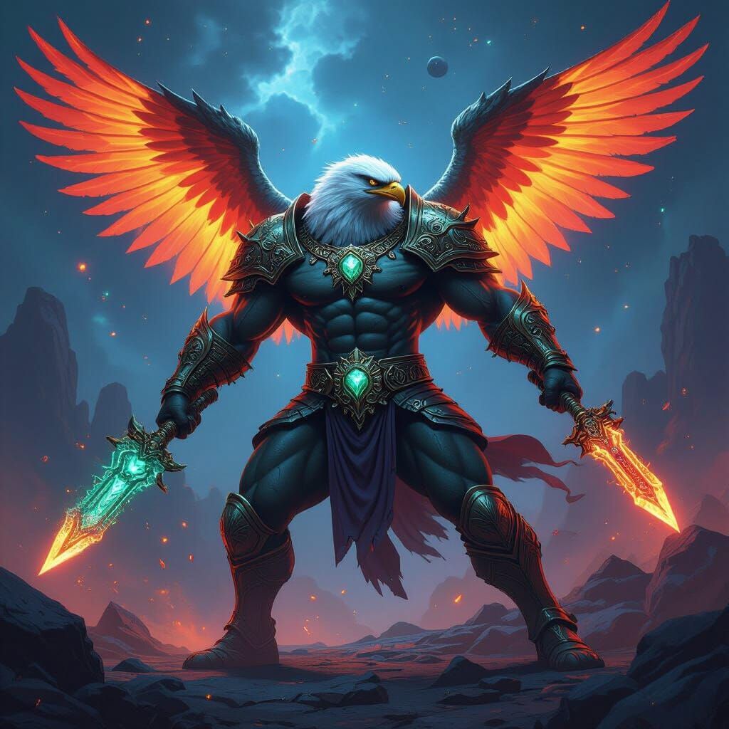 Hulk-Muscled Eagle-Reptilian Warrior in Cosmic Void