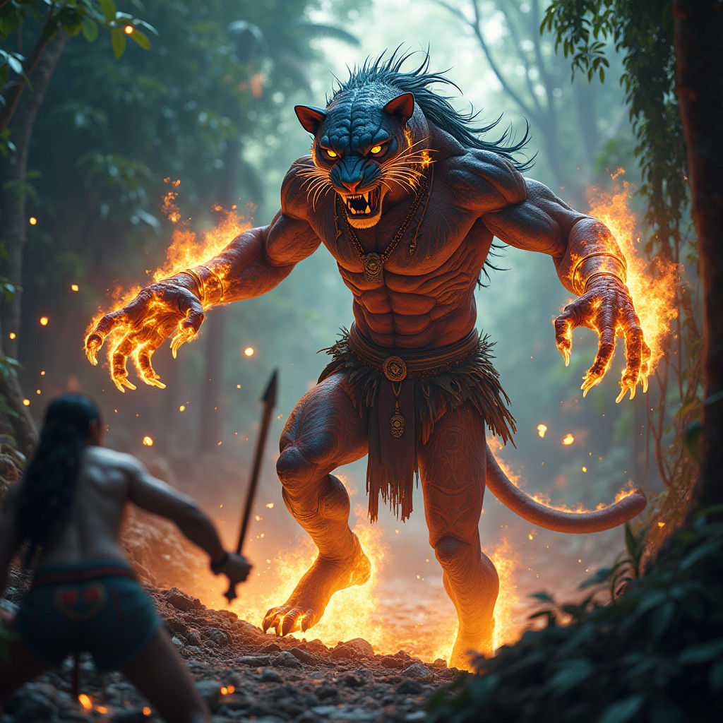 Mesoamerican Warrior Transforms into Jaguar Hybrid