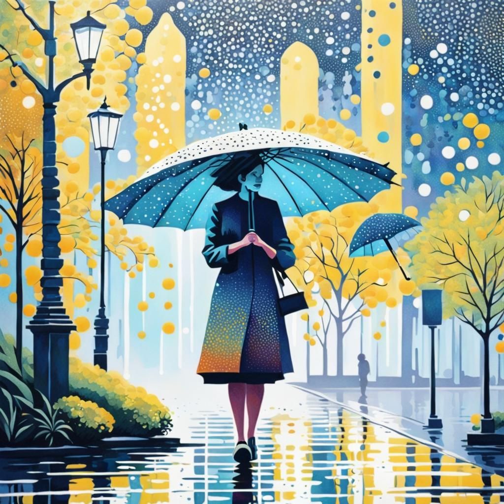 Rainy Scene with Girl in Pointillist Style