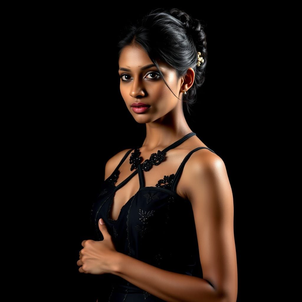 Elegant Tamil Woman in Black Dress, Fashion Portrait