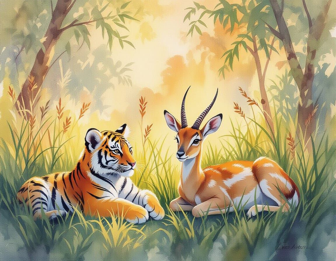 Tiger Cub and Gazelle in Dappled Sunlight