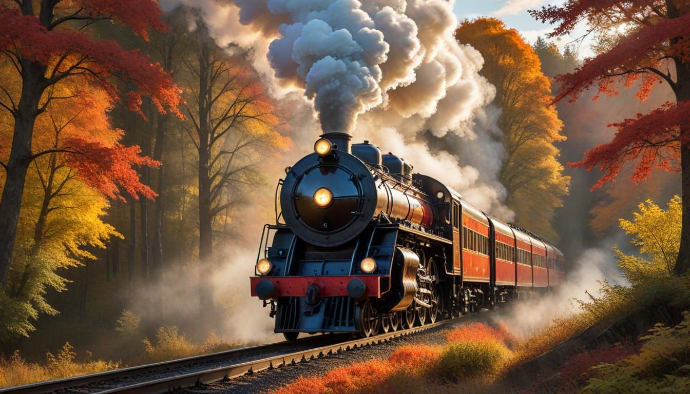 Steam Train in Vibrant Autumn Forest at Golden Hour