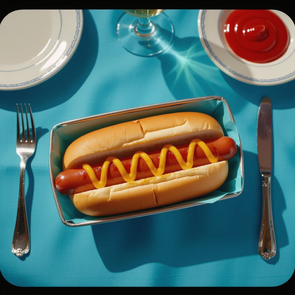 Wes Anderson Style Hot Dog in Wide-Angle Shot