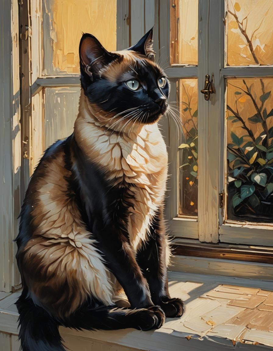 Siamese Cat in Warm Golden Light, Oil Painting