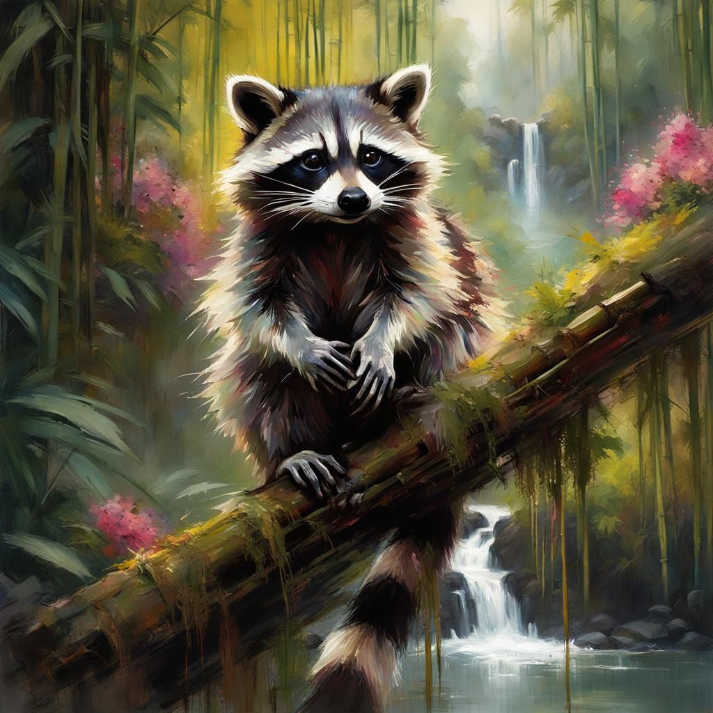 Raccoon in Bamboo Forest: Detailed Matte Painting