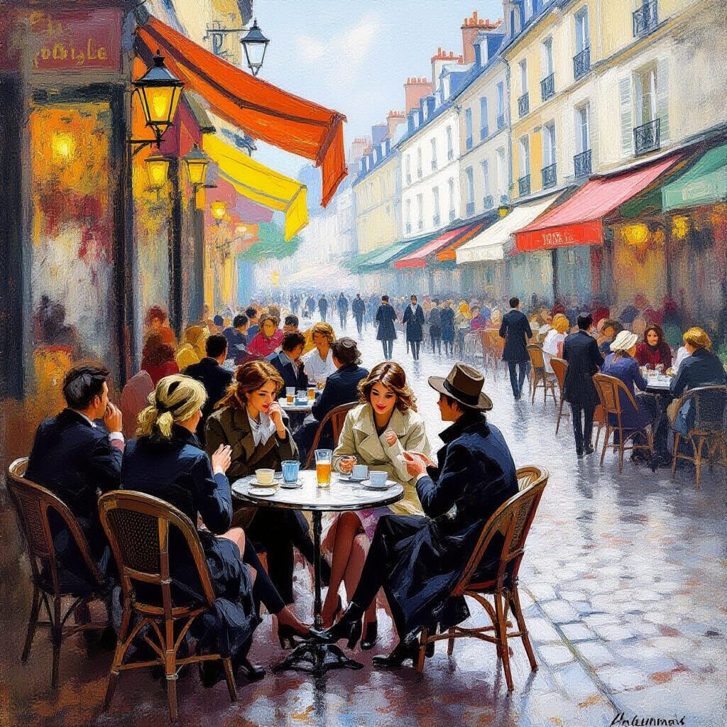 Bustling Parisian Cafe Scene in Impressionist Style