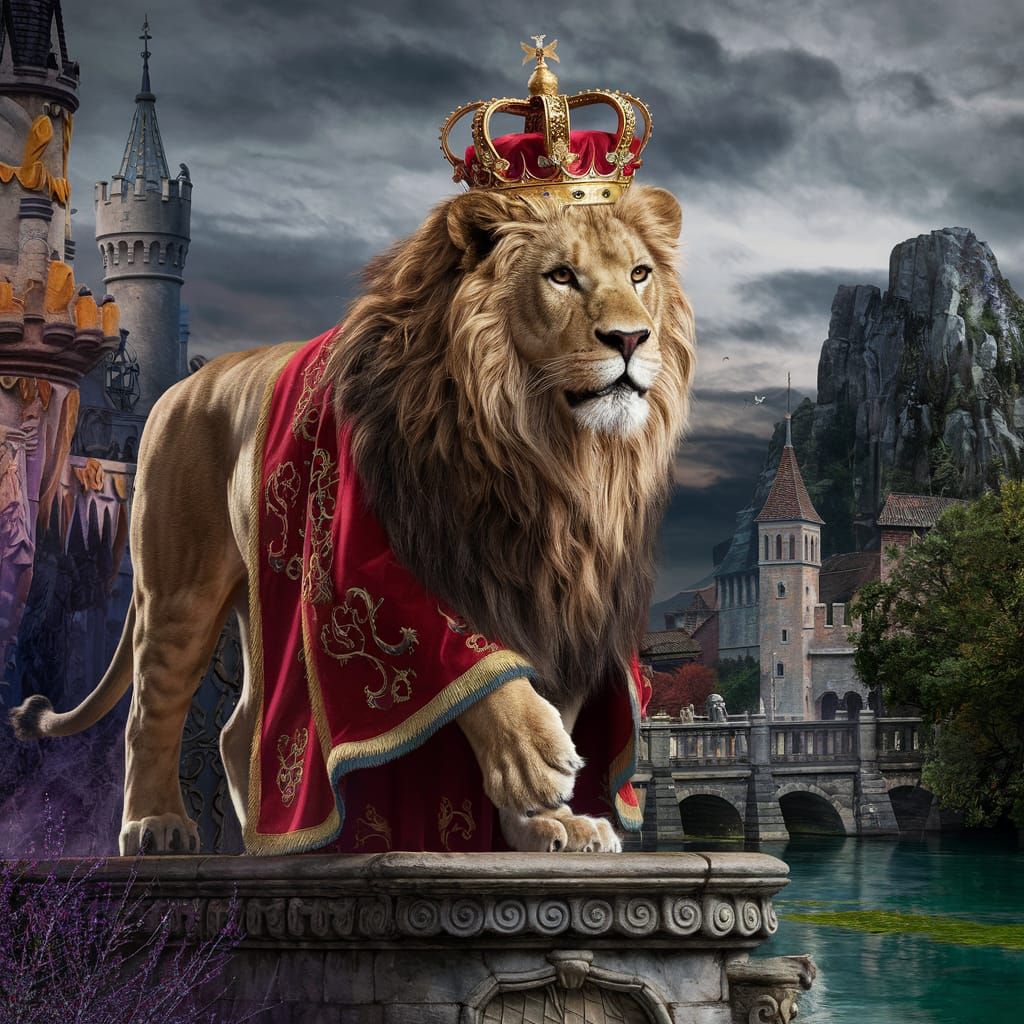 Royal Lion with Crown in Fantastical Setting