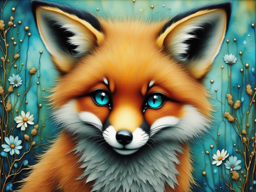 Teal-Eyed Fox Cub in Surreal Drizzle Art