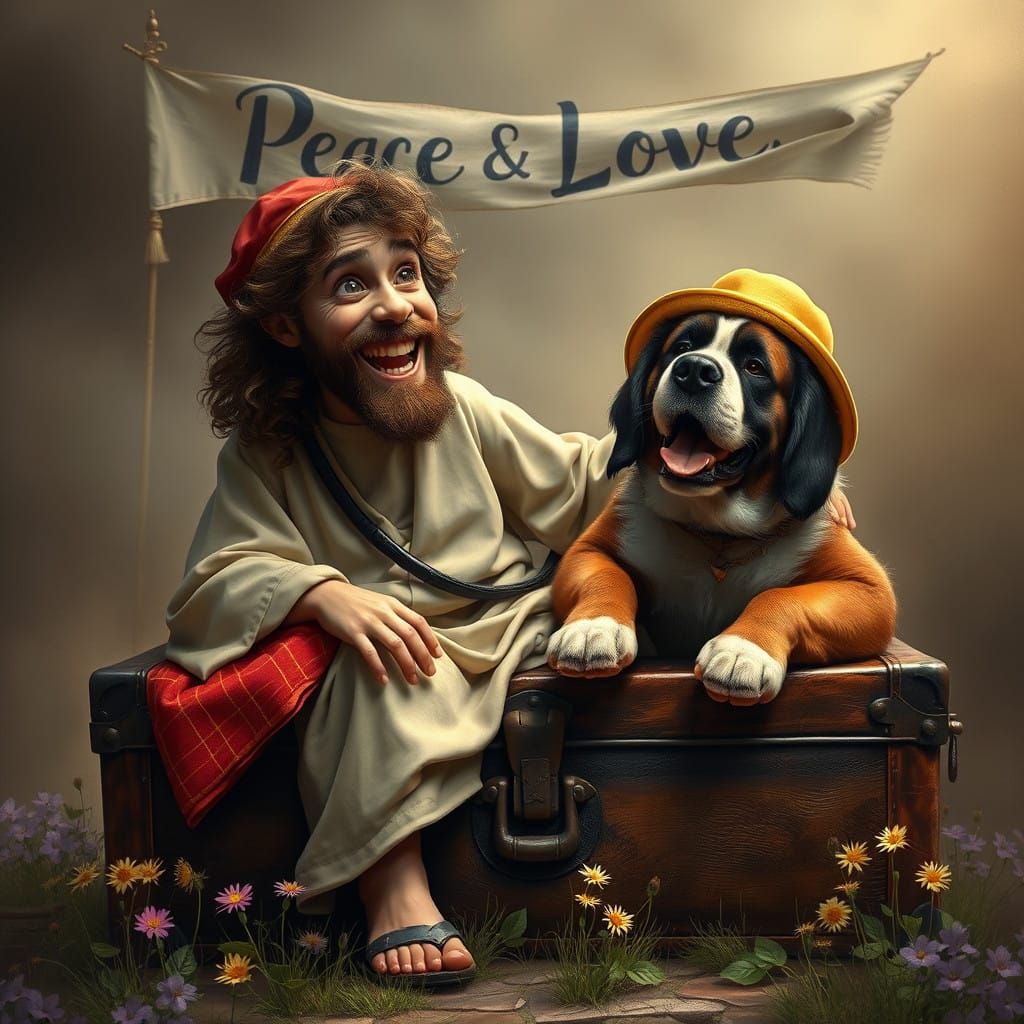 Whimsical Fantasy Scene with Jesus and Friends in a Peaceful...