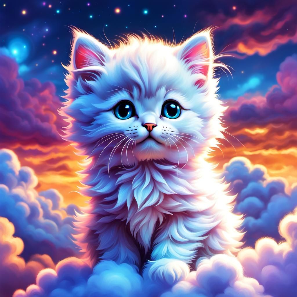 Iridescent Cloud Kitten at Sunset: Mystical Fluffy Magic