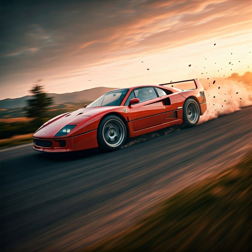 Ferrari F40 Racing on a Hilltop in a Dusty, Golden Light