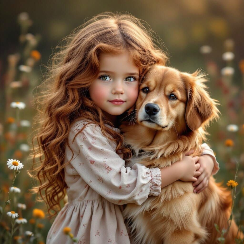 Girl Hugs Golden Retriever Amidst Wildflowers