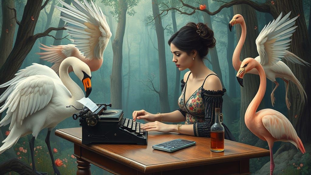 Dreamlike Forest Scene with Woman, Swan and Flamingo