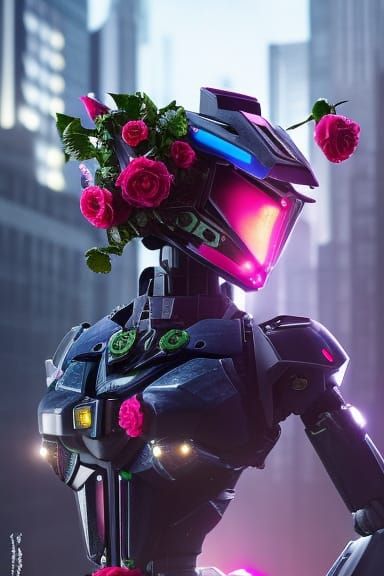 Cyberpunk Mecha with Roses in a Garden