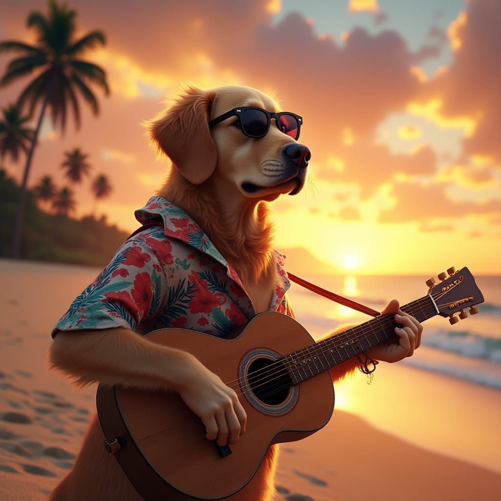 Golden Retriever Surfs Sunset on Vibrant Beach