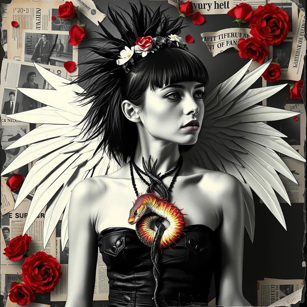 Geometric Winged Model in Dada Collage Style