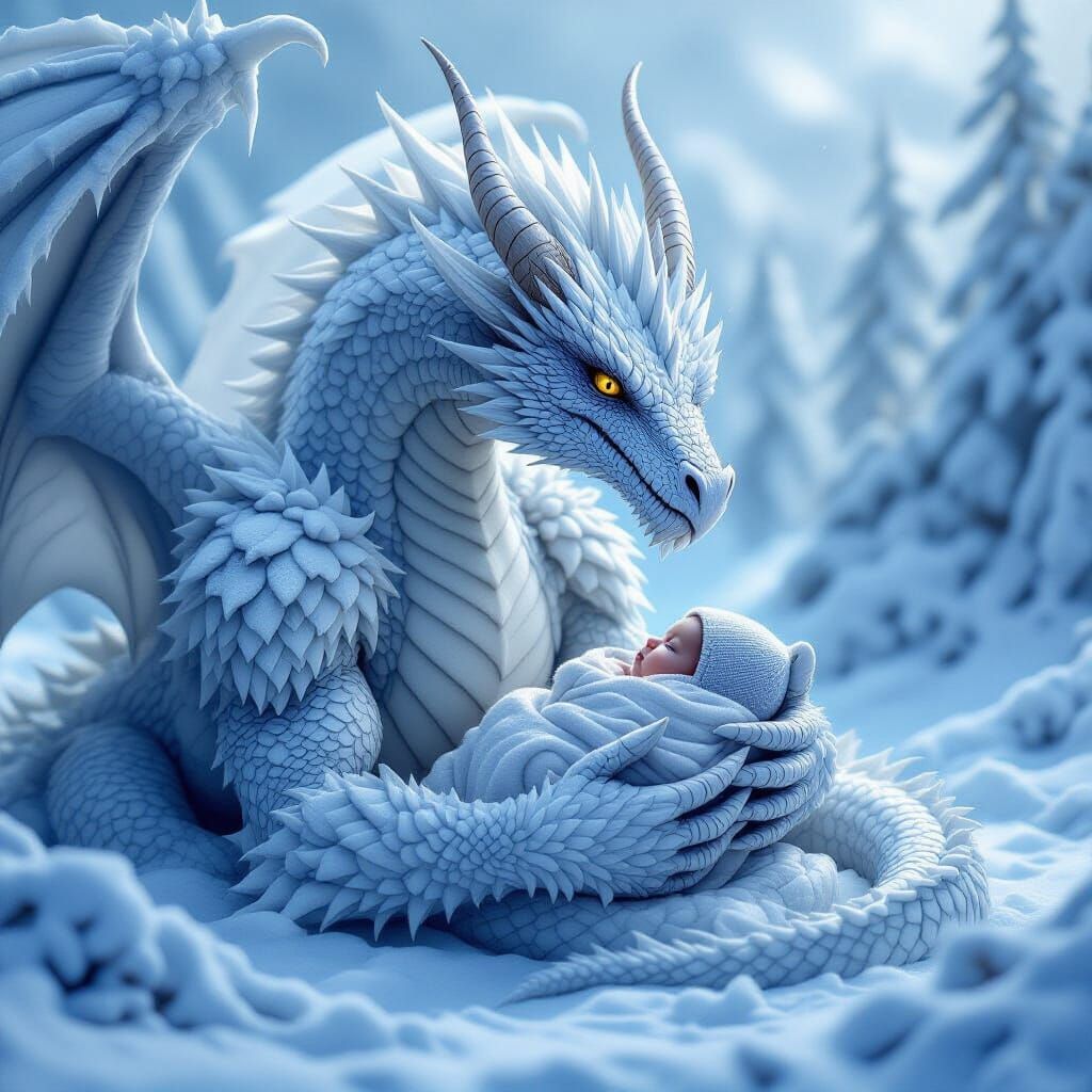 Epic Frost Dragon Protecting Infant: Intricate Pencil Drawin...