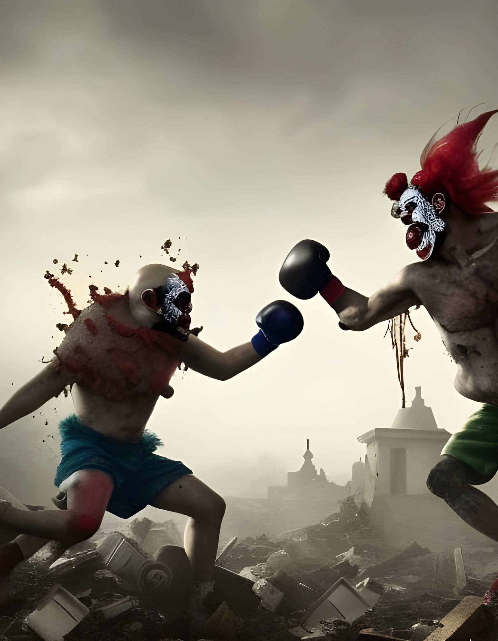 fighting clowns in ruins