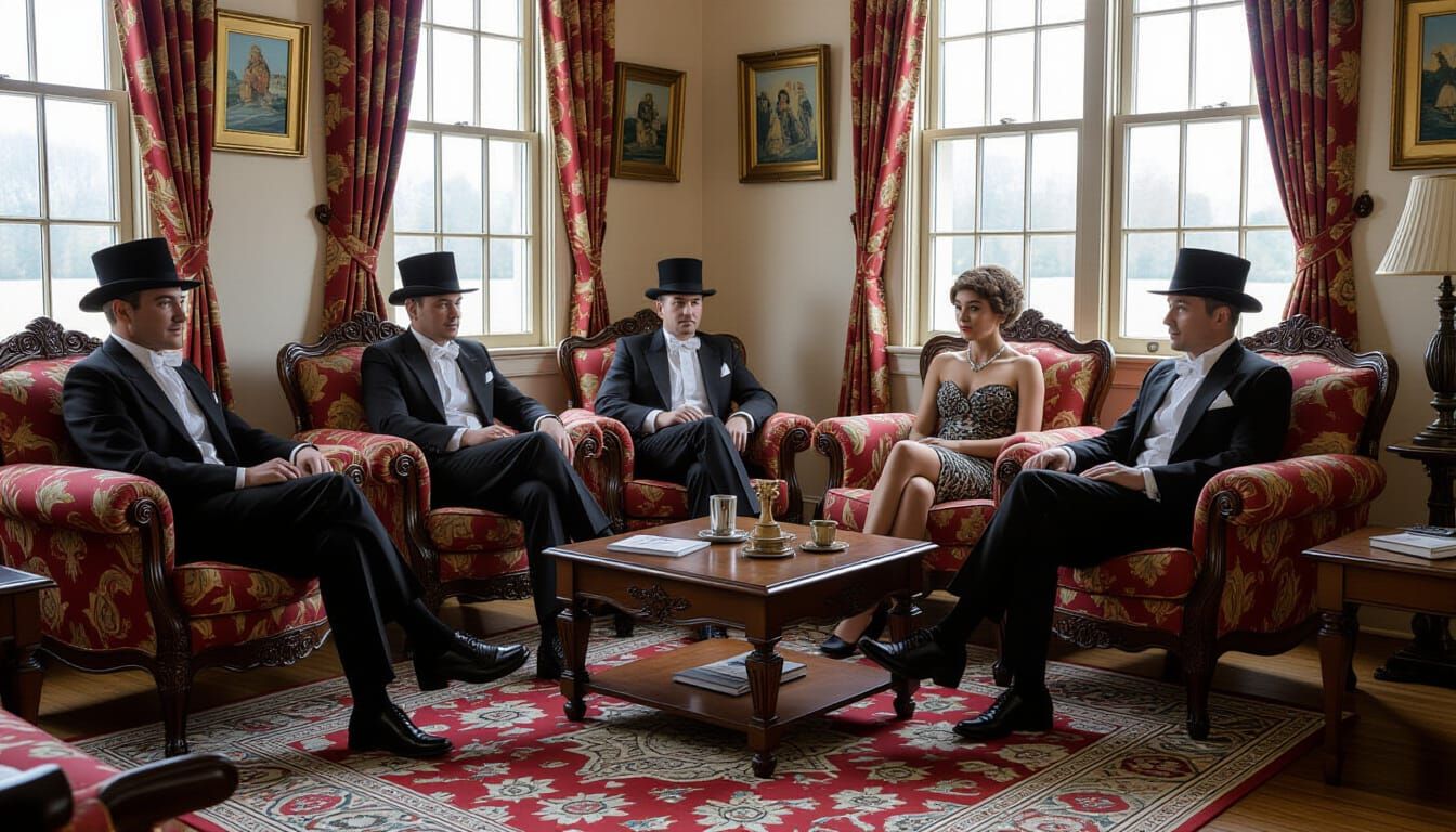 Figures Seated in Contrasting Naive Aetherpunk Art