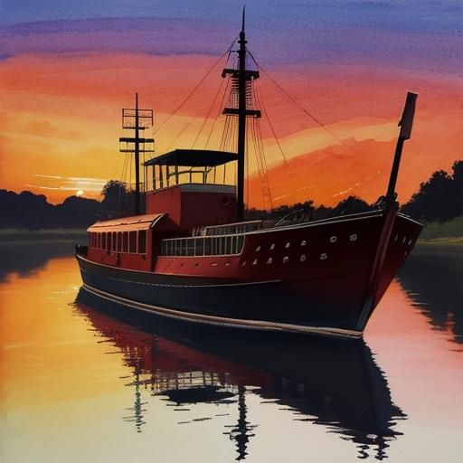 Sunset River Cargo Ship in Watercolor Style