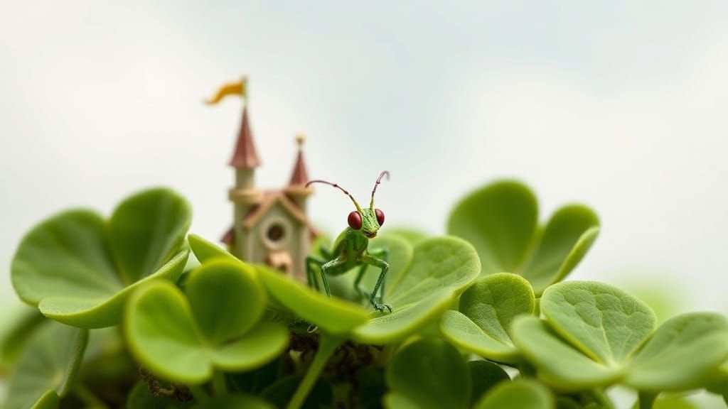 Surreal Tiny Grasshopper Ruler in Enchanted Clover Kingdom