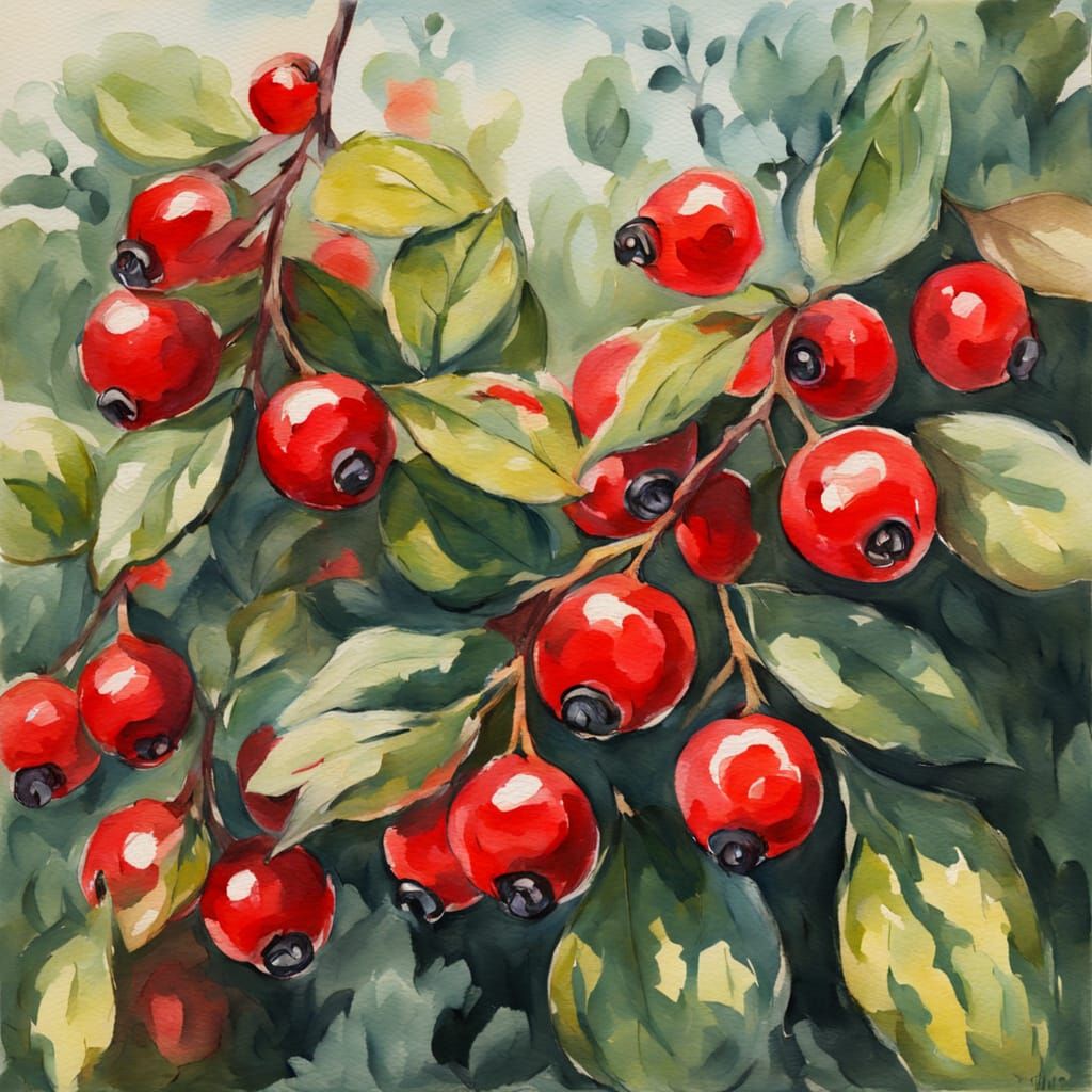 Red Berries on Bushes in Gouache and Watercolor Style