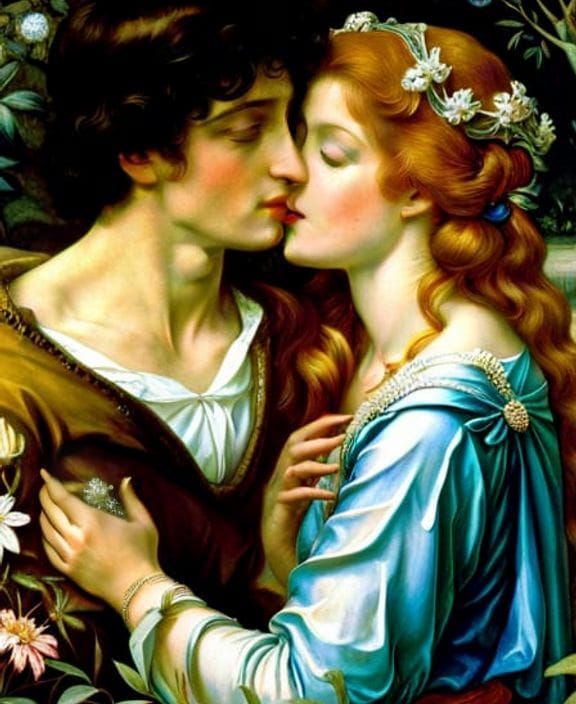 Pre-Raphaelite Eternal Lovers in Misty Garden
