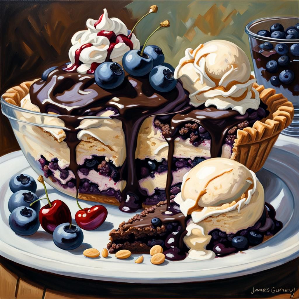 Peanut butter ice cream with blueberry pie filling, chocolat...