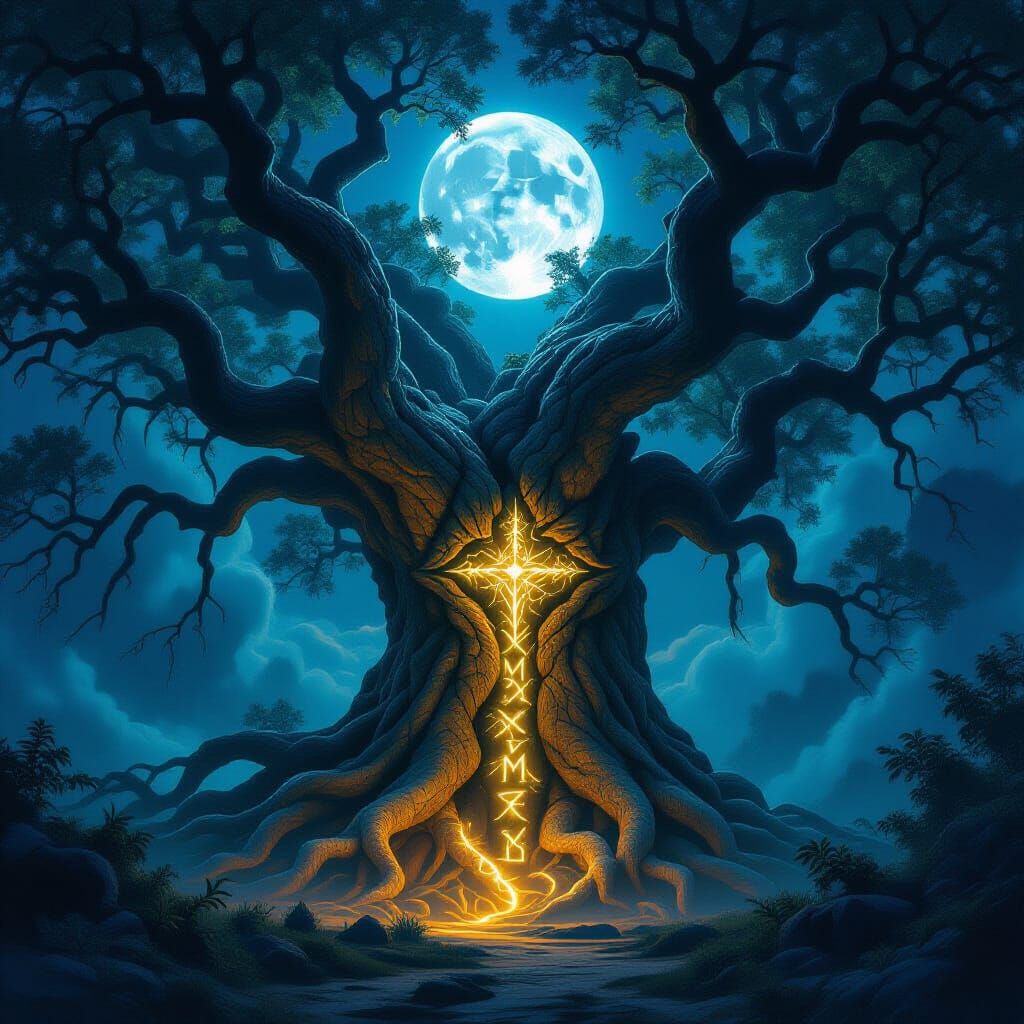Ancient Oak Tree With Glowing Runes Under Moonlight